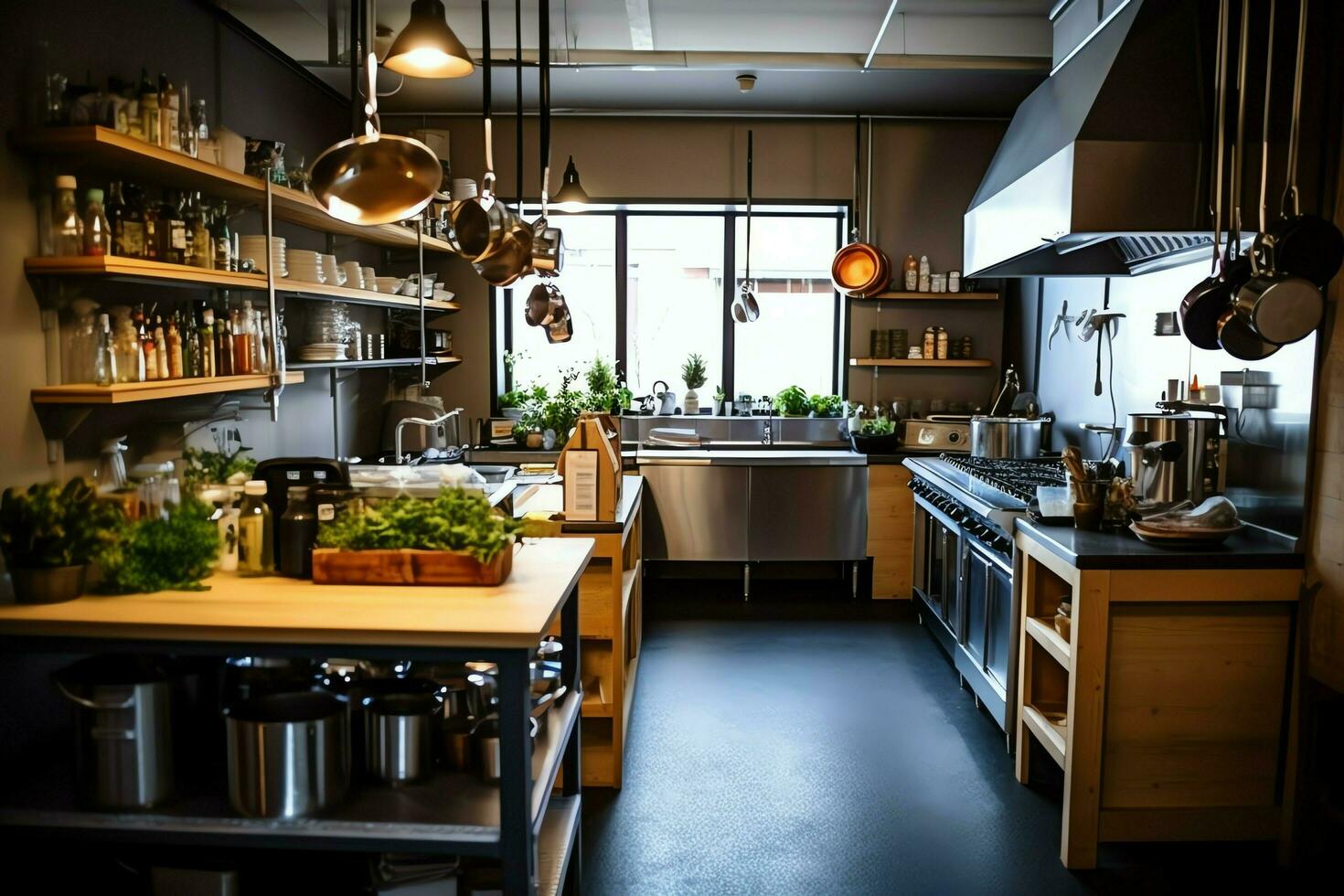 Inside clean kitchen of a modern restaurant or mini cafe with cooking utensils and small bar counter concept by AI Generated photo