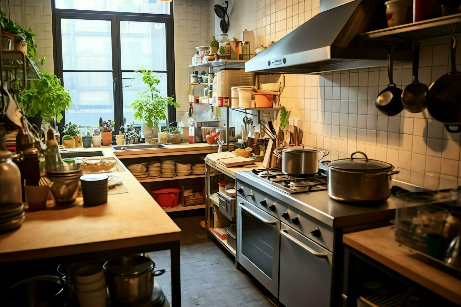 dentro limpiar cocina de un moderno restaurante o mini café con Cocinando utensilios y pequeño bar mostrador concepto por ai generado foto