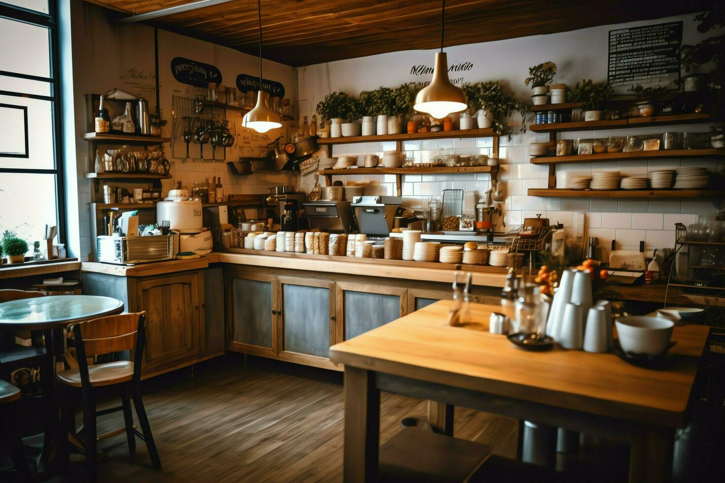 Inside clean kitchen of a modern restaurant or mini cafe with cooking utensils and small bar counter concept by AI Generated photo