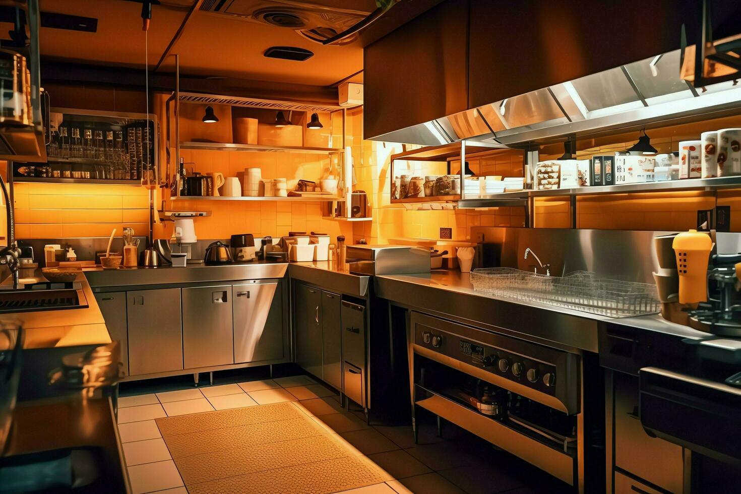 Inside clean kitchen of a modern restaurant or mini cafe with cooking utensils and small bar counter concept by AI Generated photo
