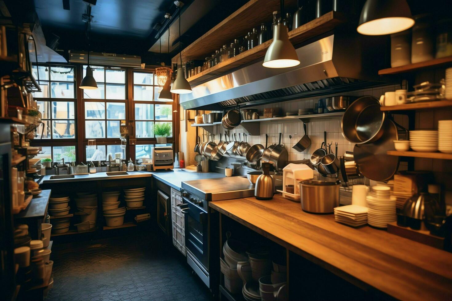 Inside clean kitchen of a modern restaurant or mini cafe with cooking utensils and small bar counter concept by AI Generated photo