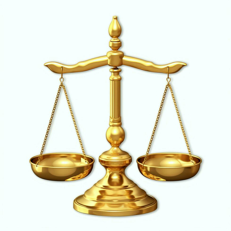 Clásico oro equilibrar escala medida o ley justicia símbolo. abogados día o mundo día de social justicia concepto por ai generado foto