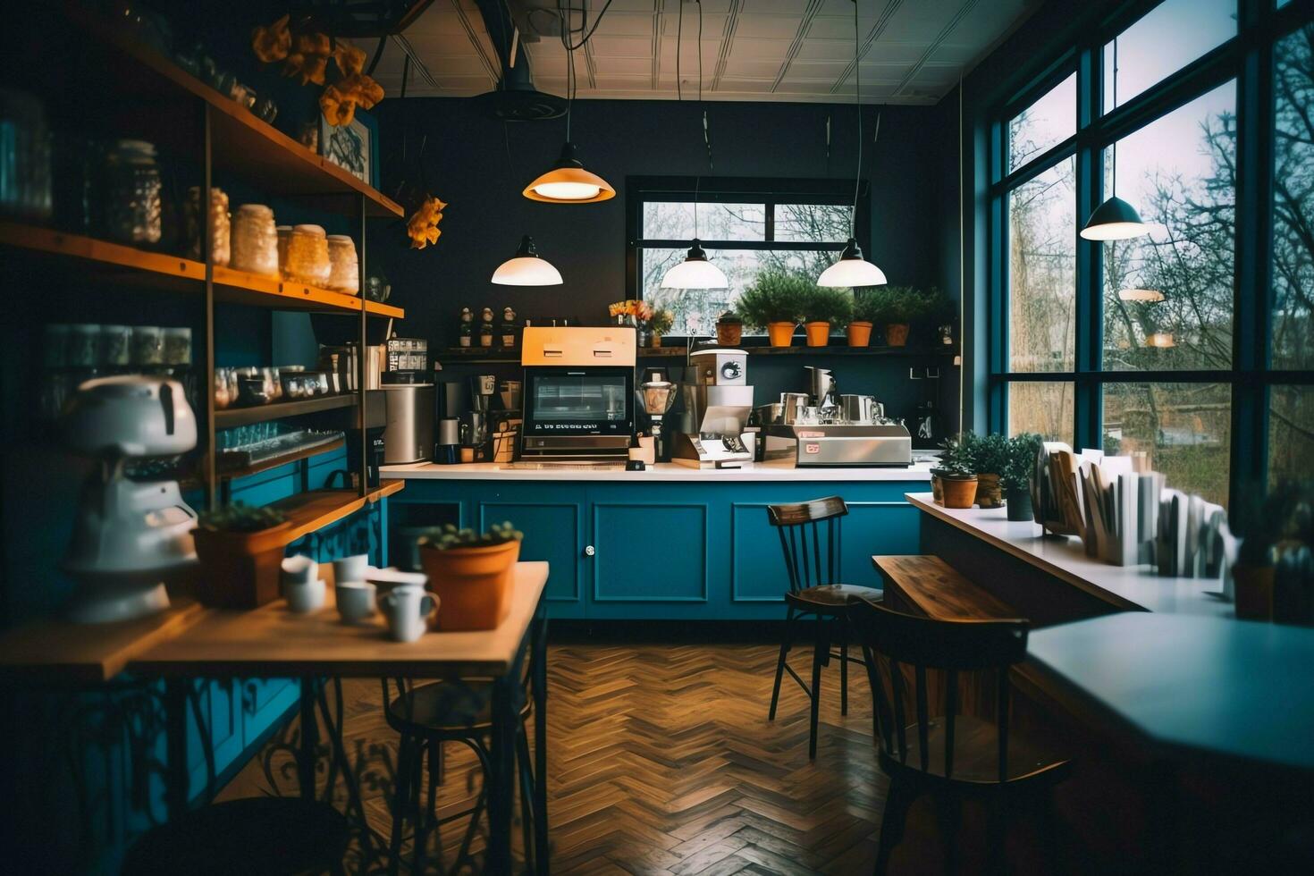 Inside clean kitchen of a modern restaurant or mini cafe with cooking utensils and small bar counter concept by AI Generated photo