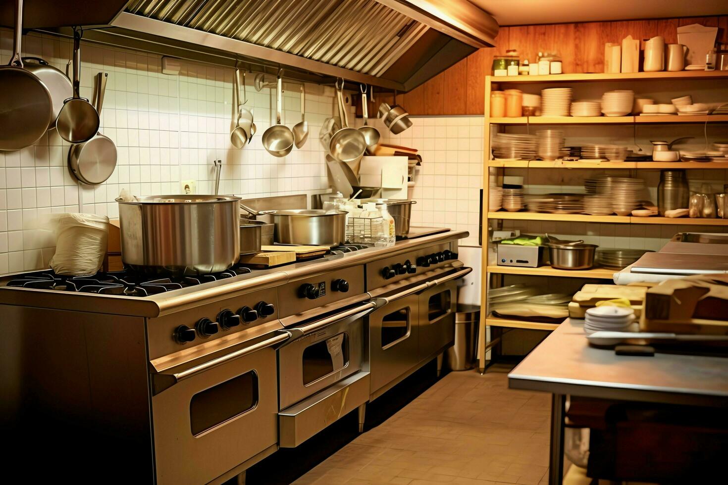 Inside clean kitchen of a modern restaurant or mini cafe with cooking utensils and small bar counter concept by AI Generated photo