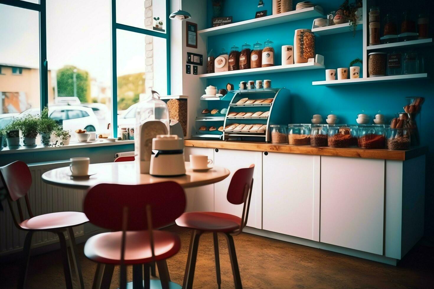 Inside clean kitchen of a modern restaurant or mini cafe with cooking utensils and small bar counter concept by AI Generated photo