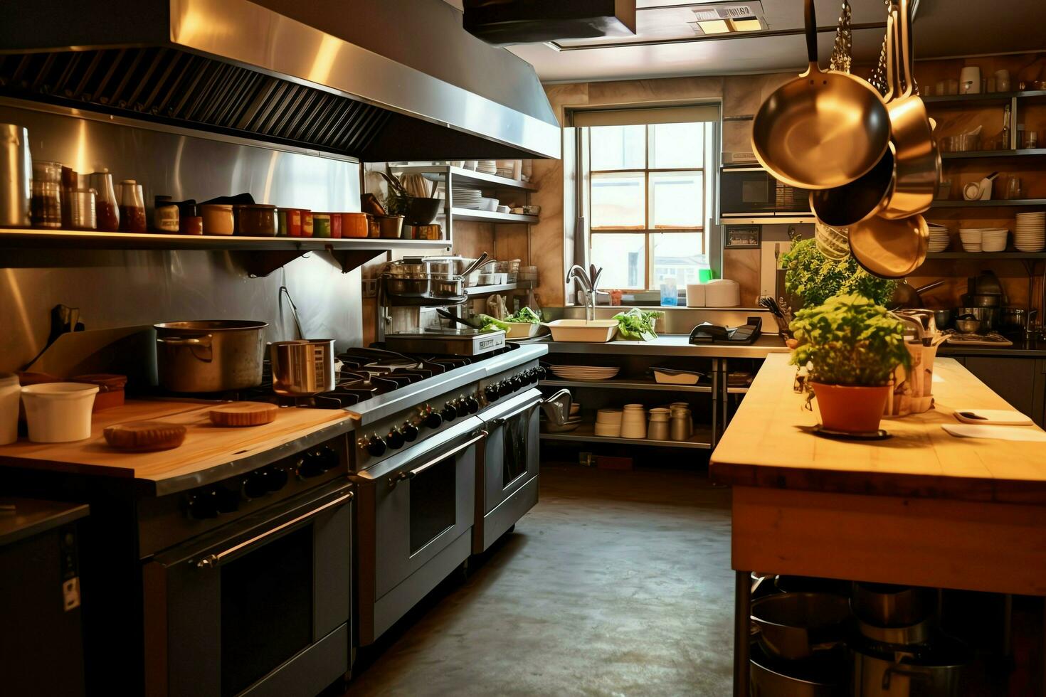 Inside clean kitchen of a modern restaurant or mini cafe with cooking utensils and small bar counter concept by AI Generated photo