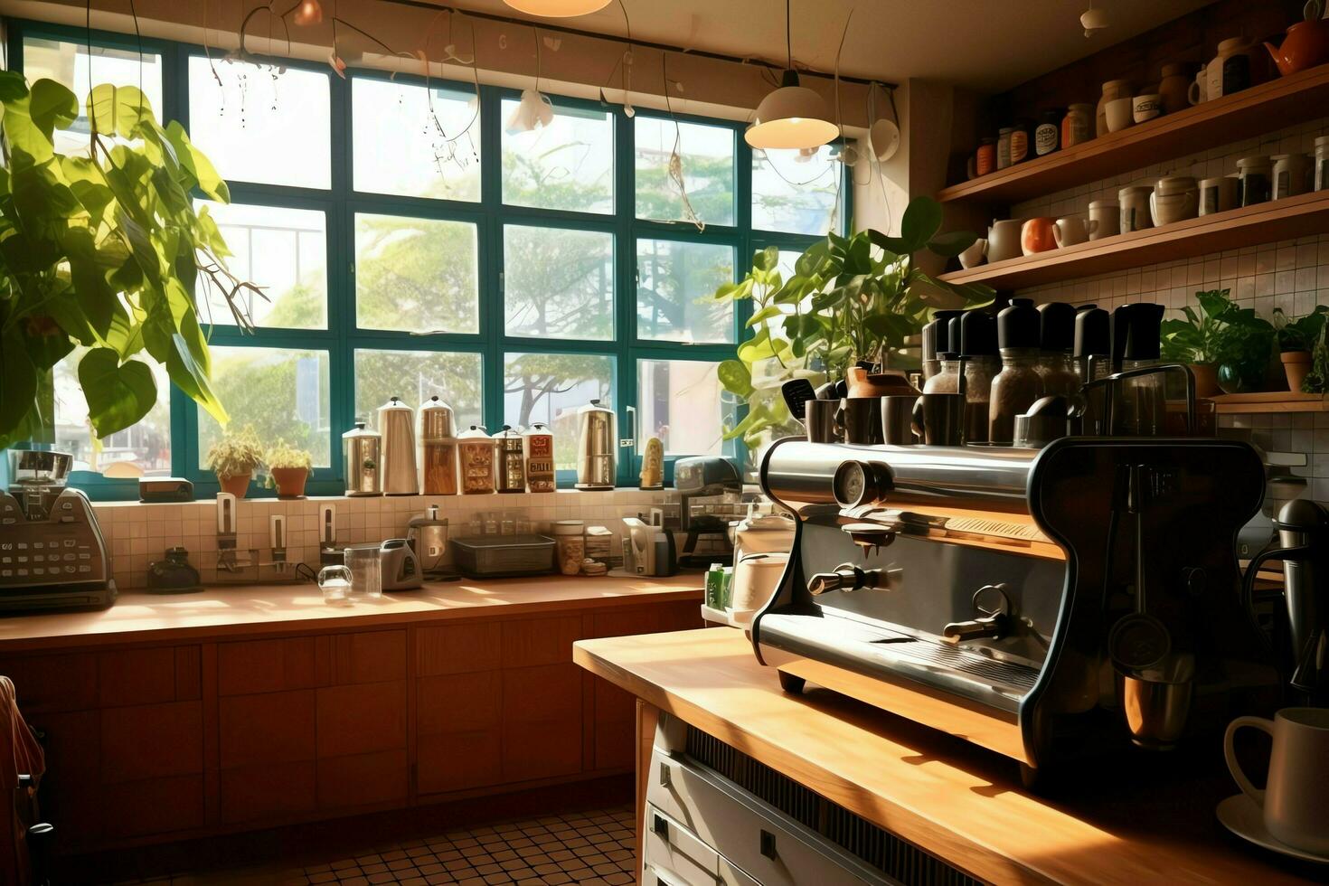 Inside clean kitchen of a modern restaurant or mini cafe with cooking utensils and small bar counter concept by AI Generated photo