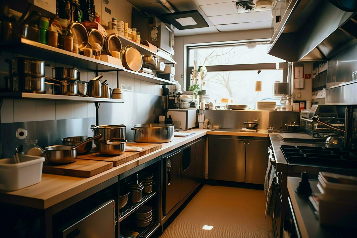 Inside clean kitchen of a modern restaurant or mini cafe with cooking utensils and small bar counter concept by AI Generated photo