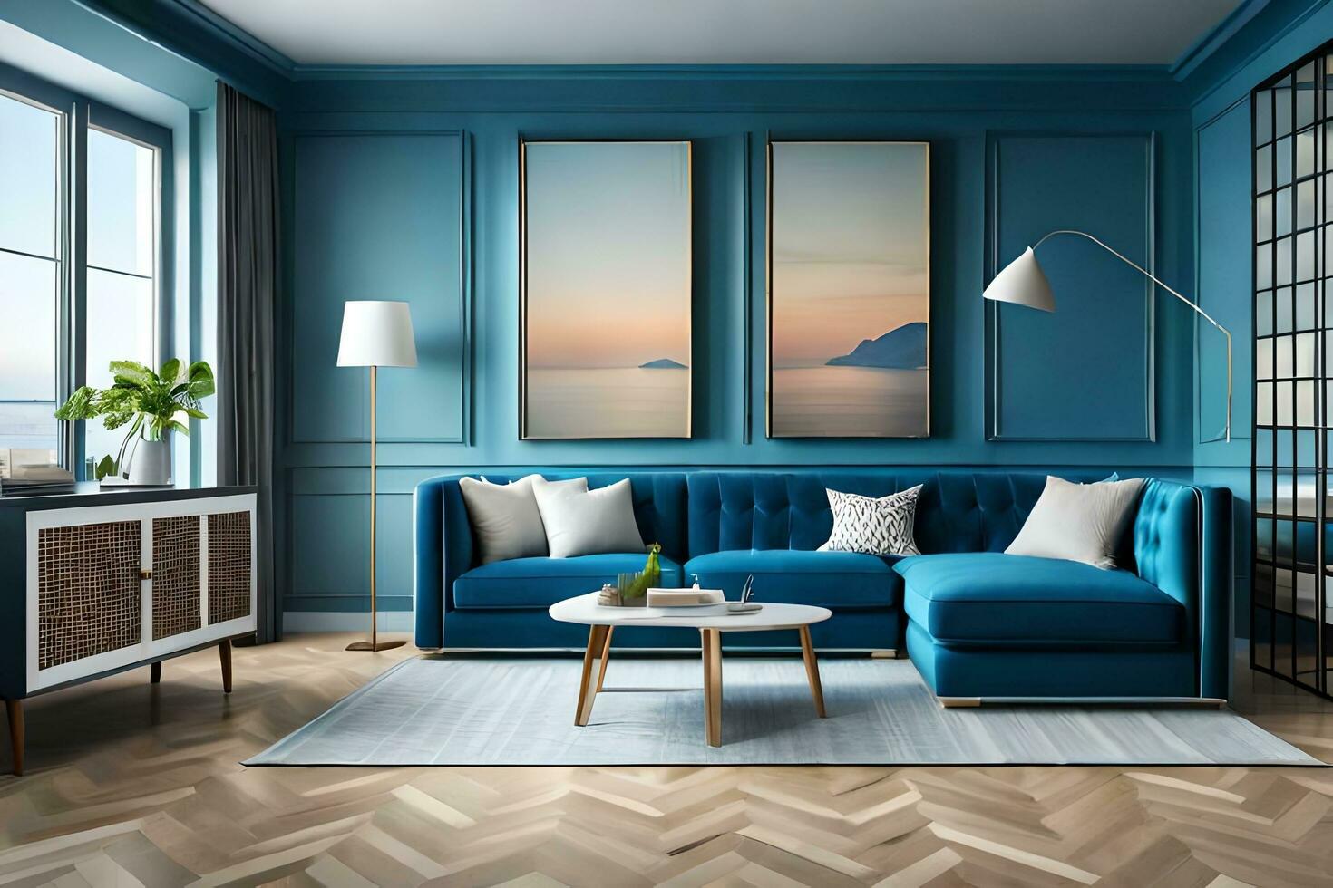 blue sofa in a living room with wood floors and blue walls. AI-Generated photo