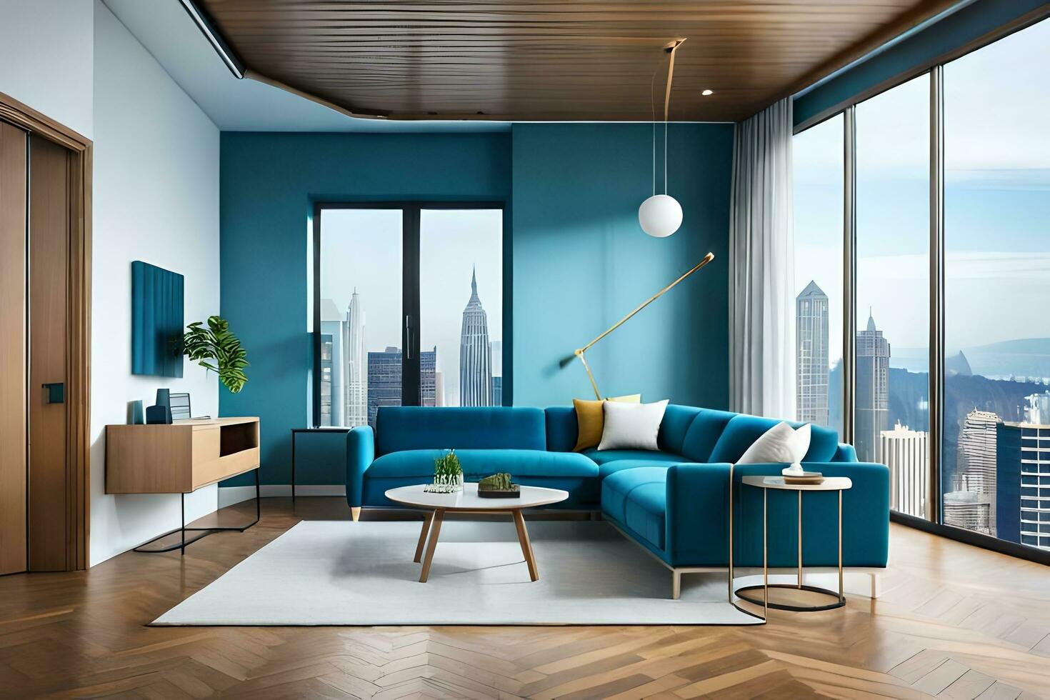 a modern living room with blue walls and wood floors. AI-Generated photo