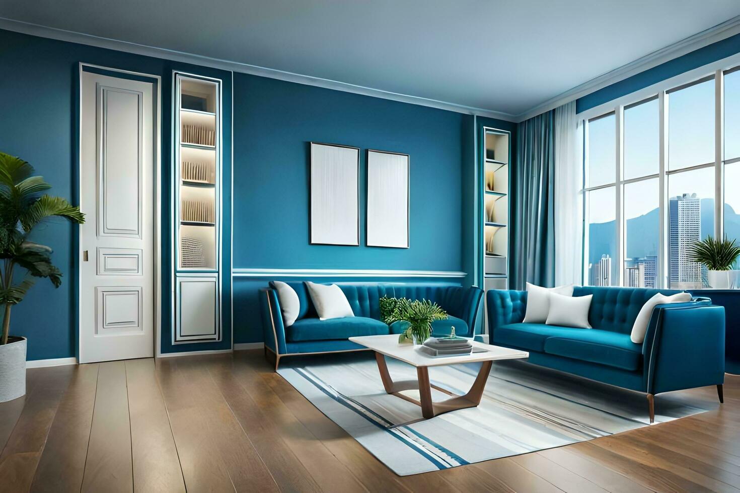 a blue living room with a sofa and two chairs. AI-Generated photo