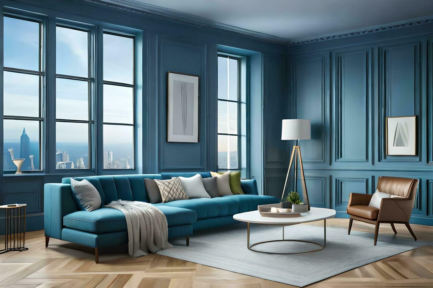 a blue living room with a sofa, coffee table and windows. AI-Generated photo