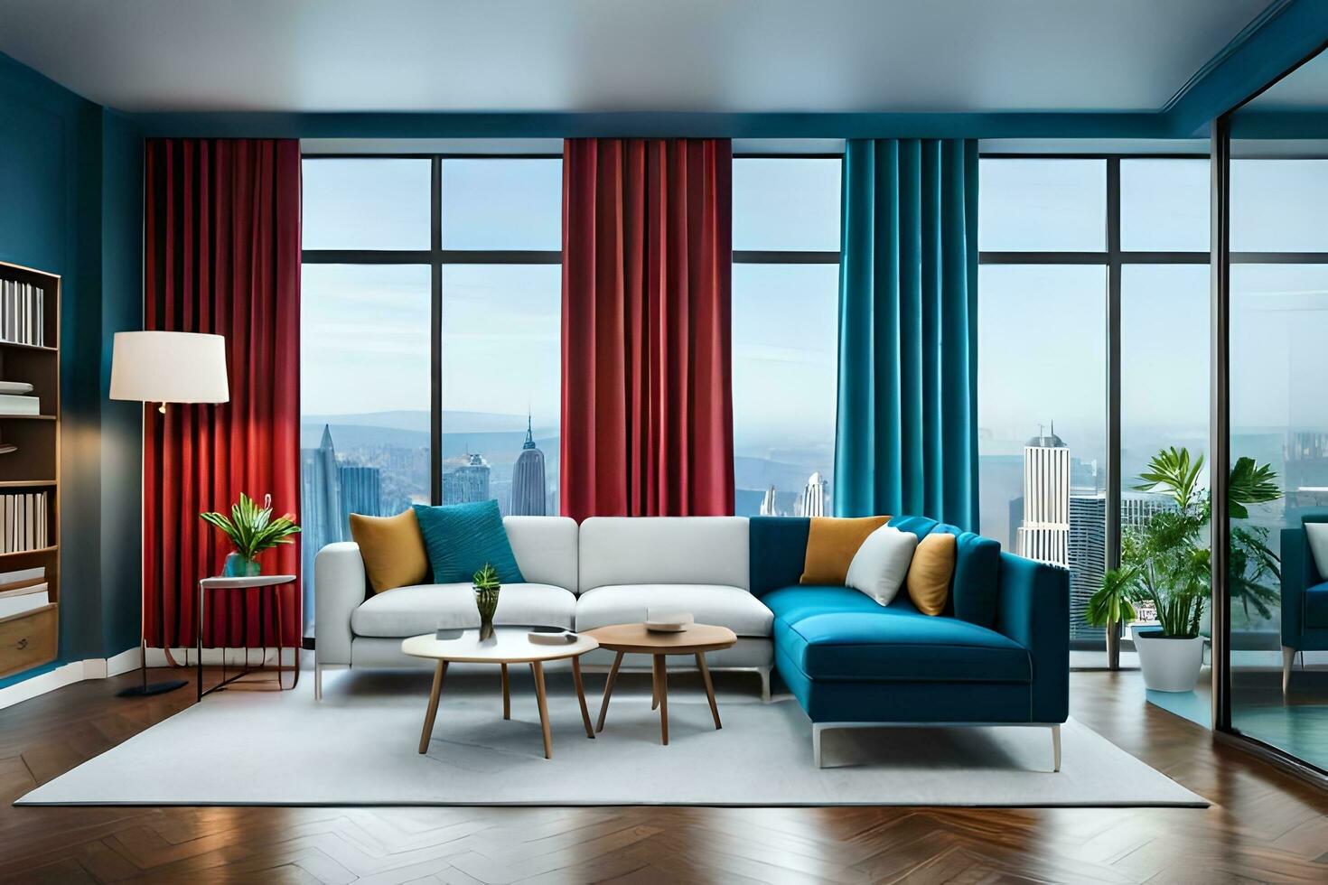 a modern living room with blue walls and red curtains. AI-Generated photo