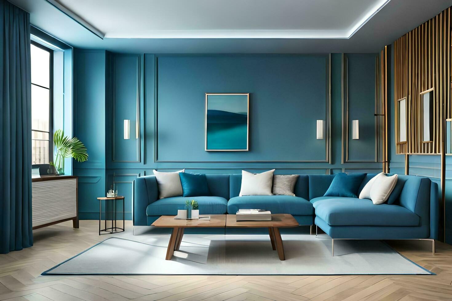 blue living room with wooden paneling and blue furniture. AI-Generated photo