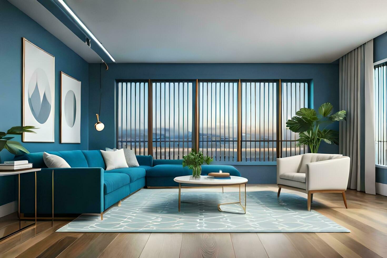 a modern living room with blue walls and wooden floors. AI-Generated photo