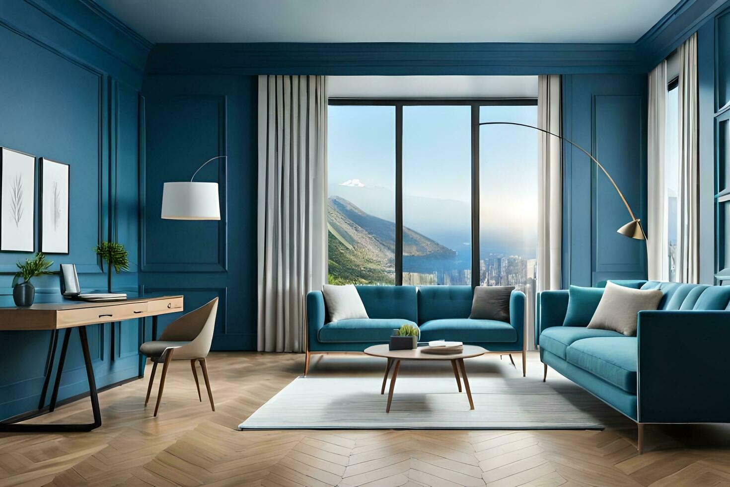 a blue living room with a view of the ocean. AI-Generated photo