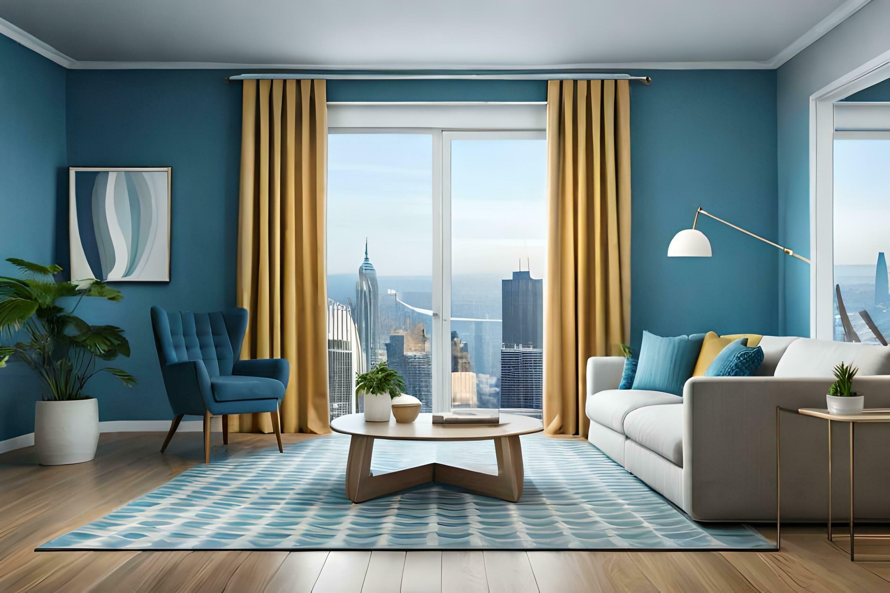 A Modern Living Room With Blue Walls And Yellow Curtains Ai Generated 31620552 Stock Photo At Vecy