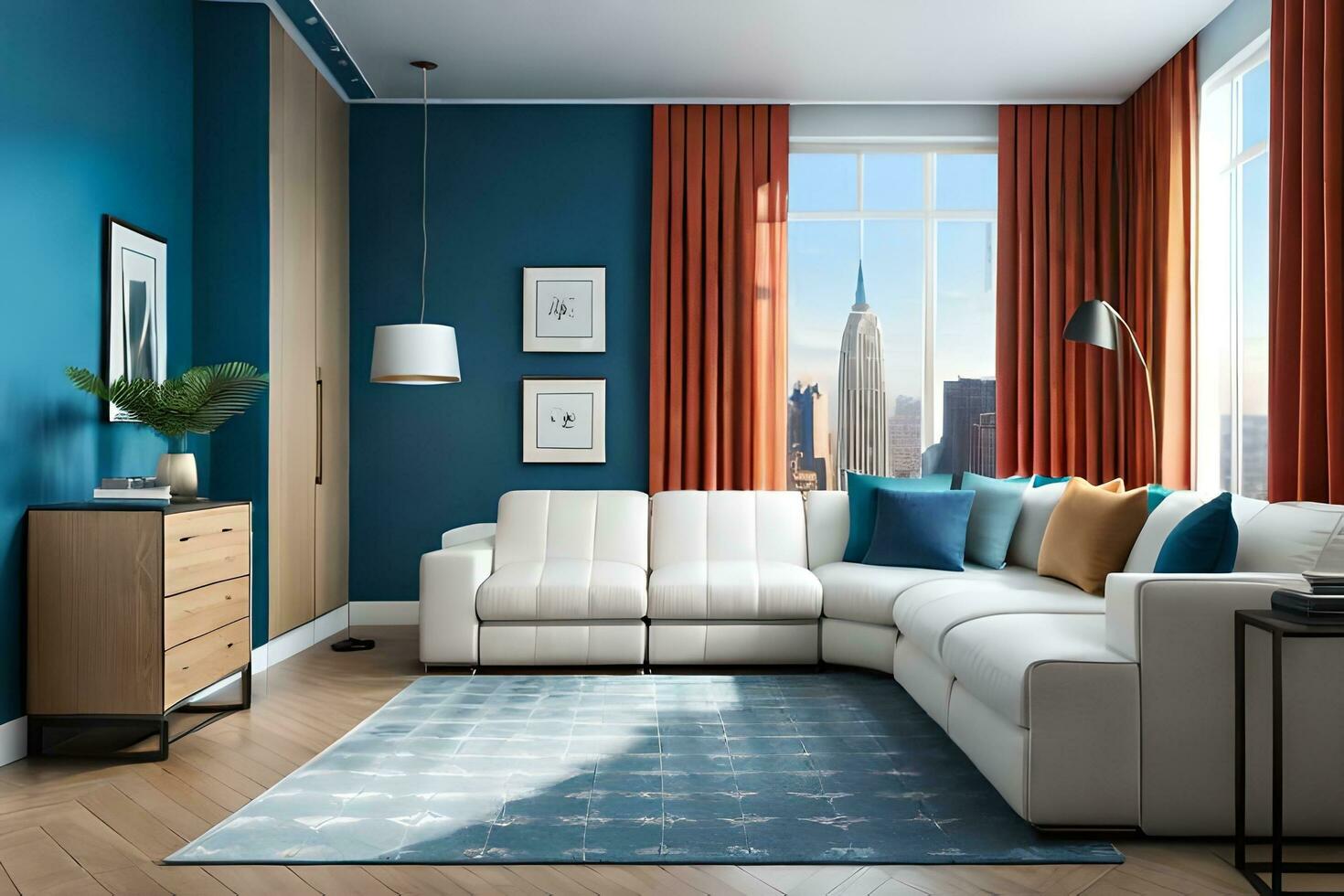 a living room with blue walls and a white couch. AI-Generated photo