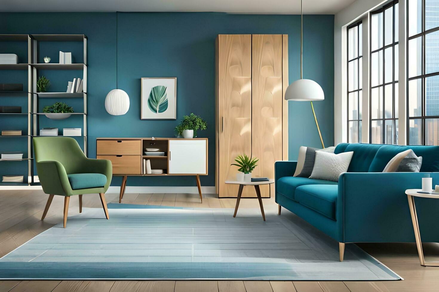 a blue living room with a couch, chair and table. AI-Generated photo