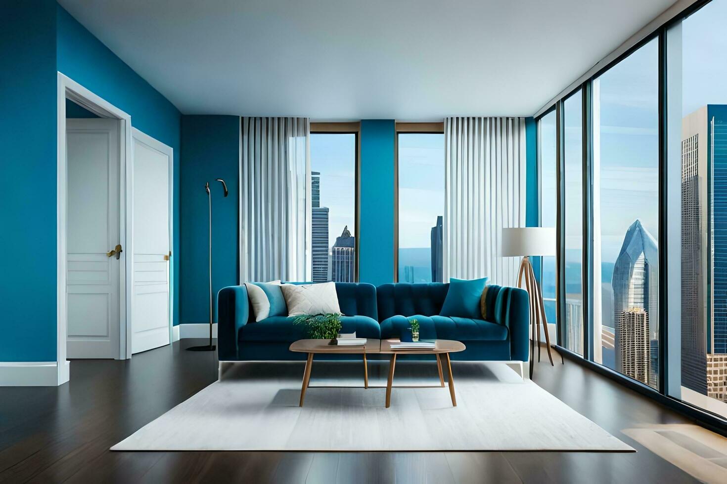 a blue living room with a view of the city. AI-Generated photo