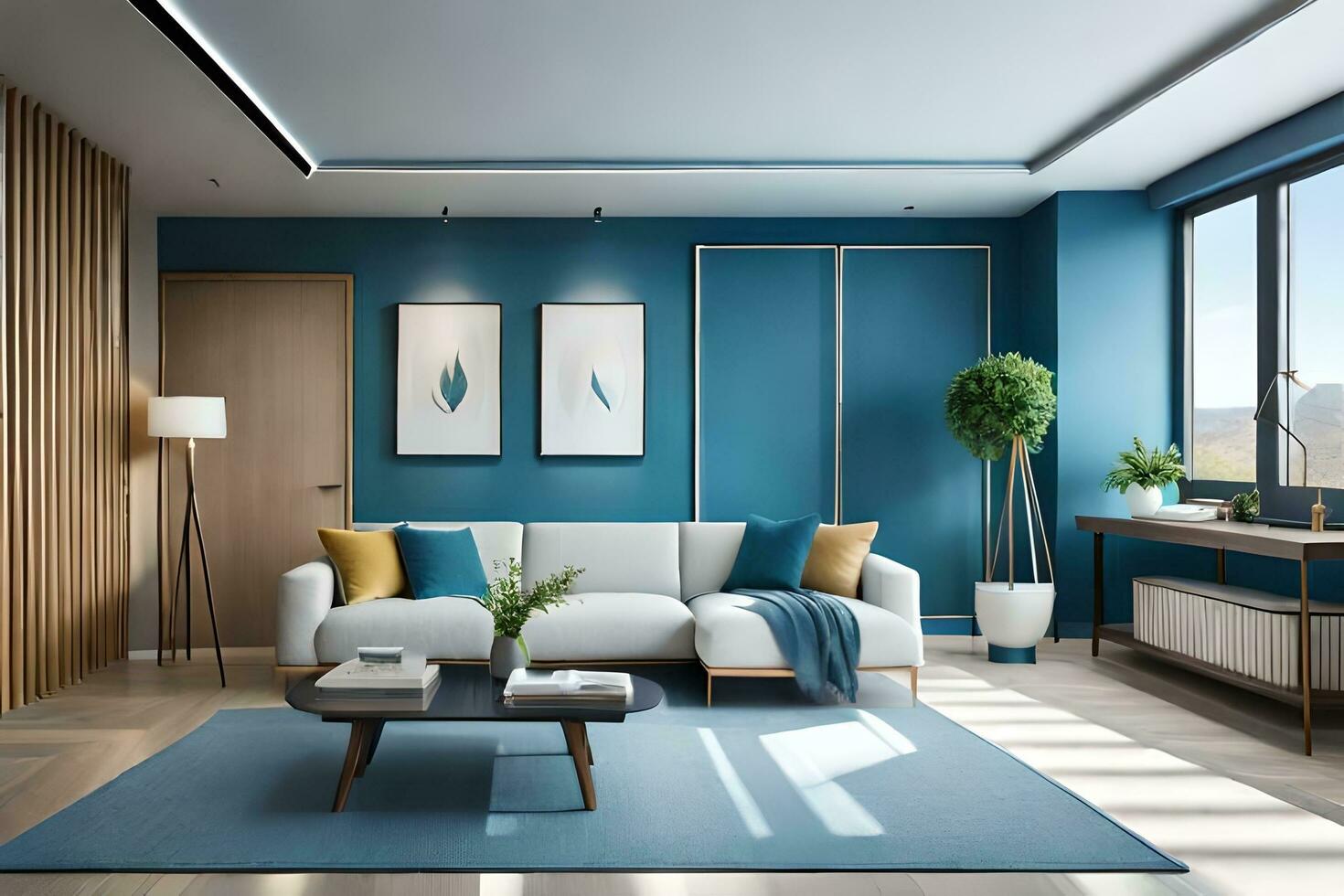 a modern living room with blue walls and wood paneling. AI-Generated photo