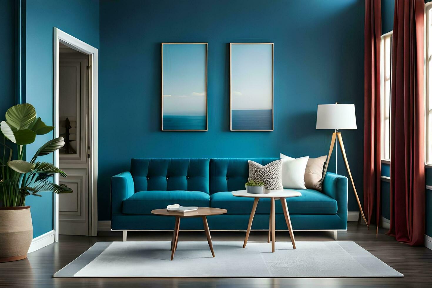 a blue living room with a couch and two pictures. AI-Generated photo