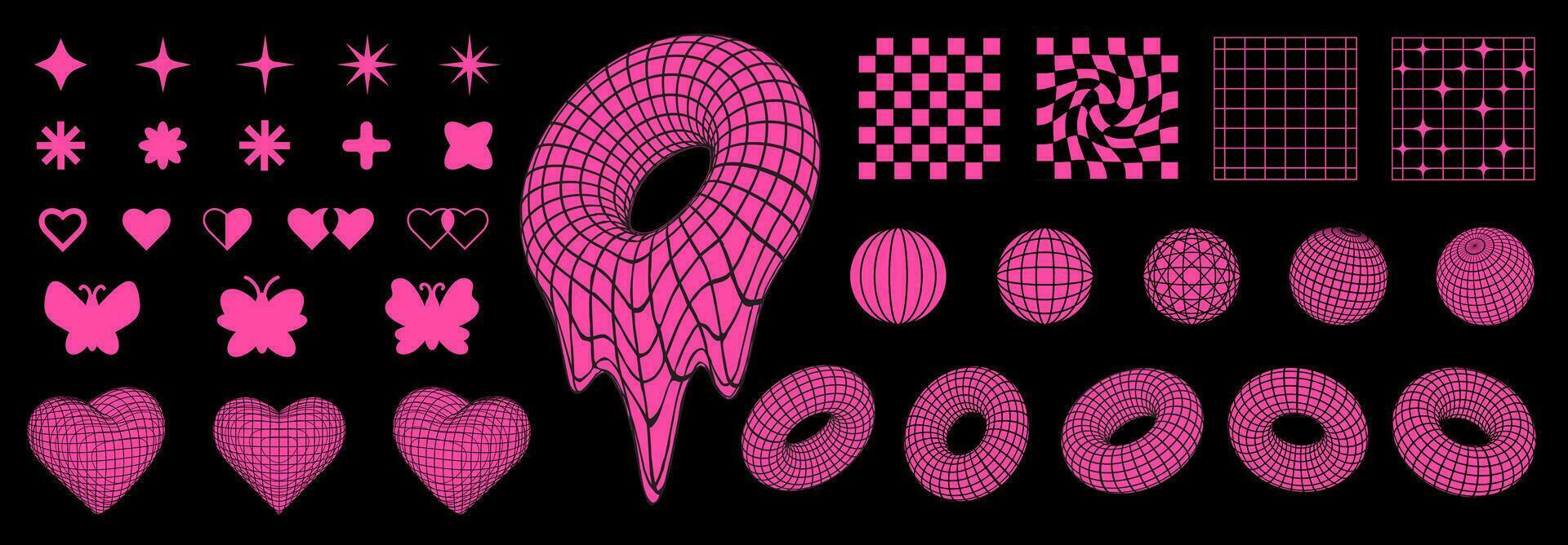 Retro Y2K shapes and 3d wireframes, grids, geometric forms, pink neon crazy design elements in 2000s aesthetic style. vector