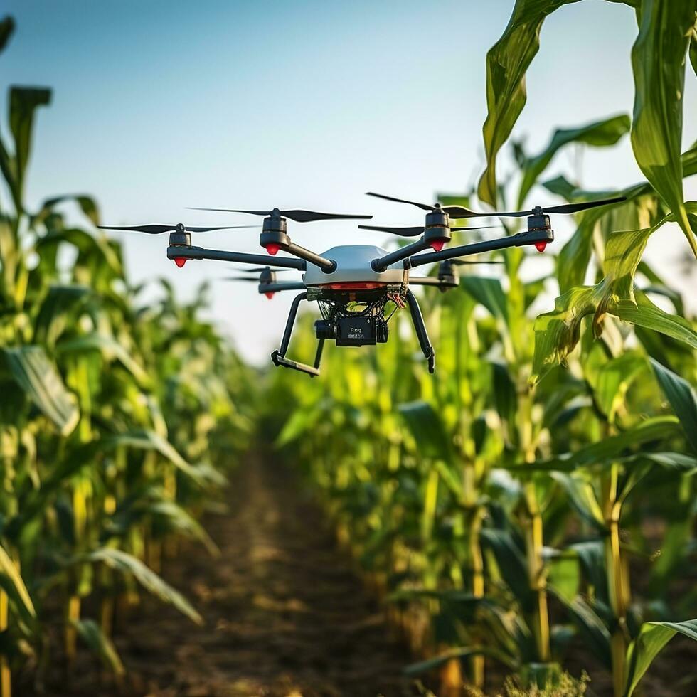 Drone monitoring crops and smart agriculture in a digital farming.  AI Generative photo