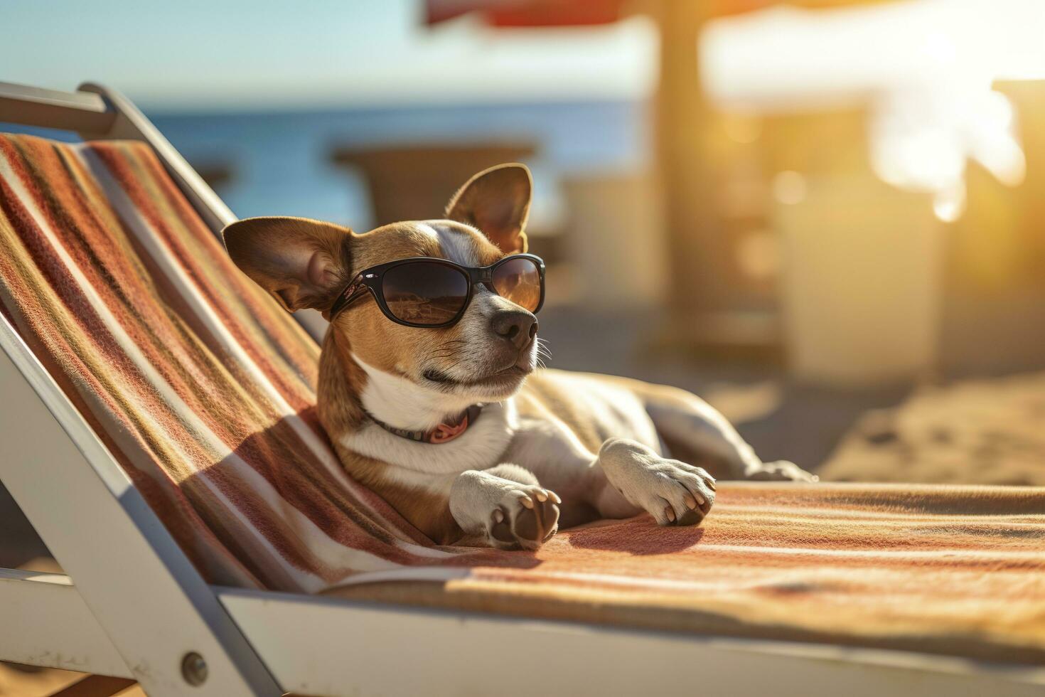 Dog Puppy wearing sunglasses, lying on a sunbed to sunbath at the beach sea on summer vacation, holidays. Funny concept. AI Generative photo