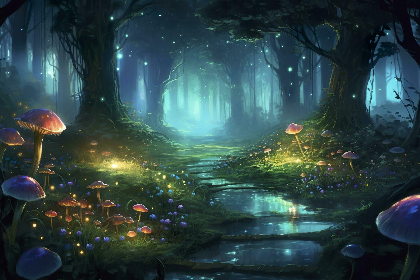 el bosque es iluminado arriba con hongos y flores, en el estilo de realista fantasía obra de arte, fantástico calle, oscuro Esmeralda y ligero cian, ai generativo foto