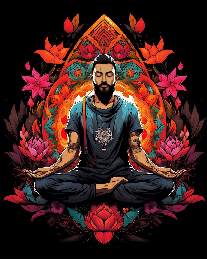 A painting of a Yoga lotus flower pose and her connection illustration Background photo