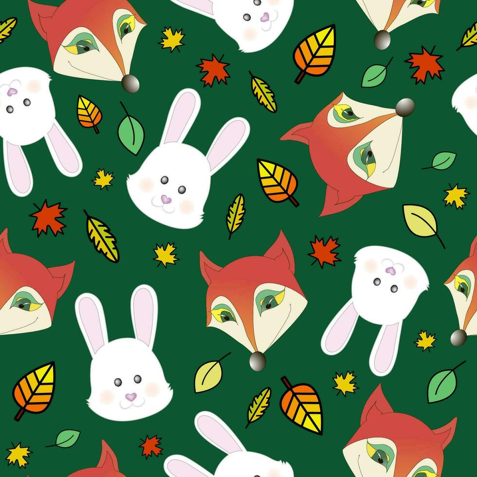 Cartoon pattern with cute fox and rabbits, fairy tail characters with falling leaves. Print Design Textile for Kids Fashion. Print for textile, wrapper, postcard. vector