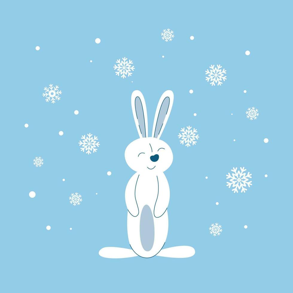 Cute little bunny sits under falling snow vector