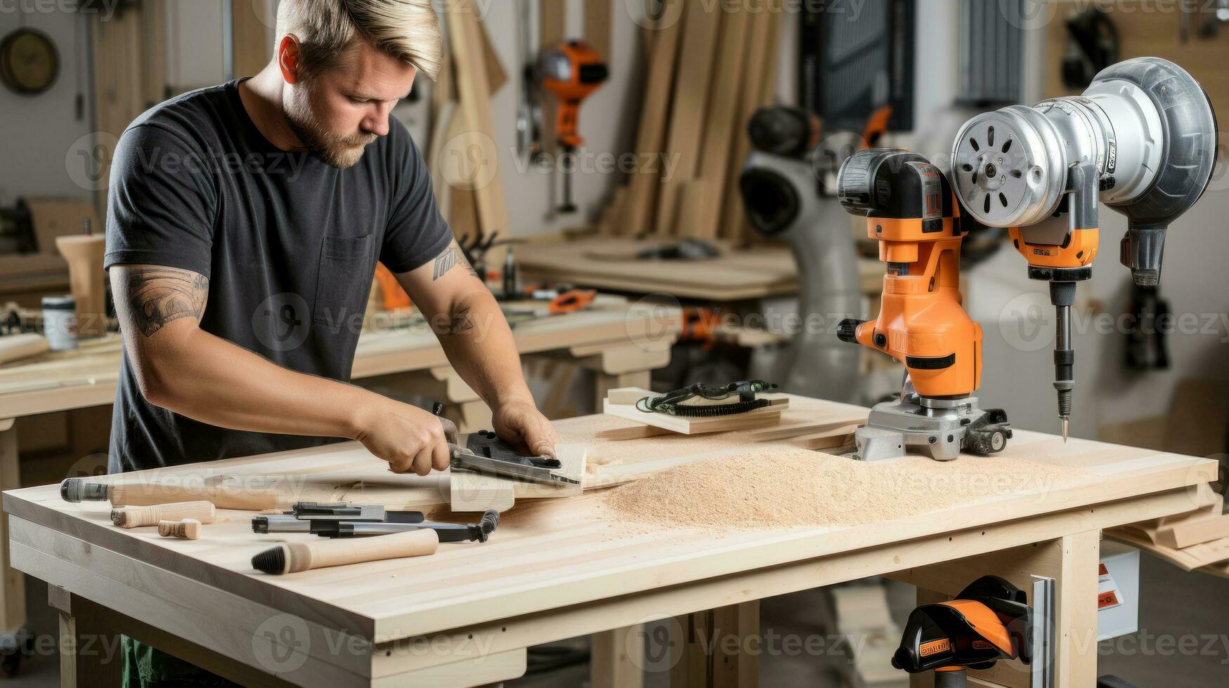 Carpenter working in his workshop, using a circular saw. photo