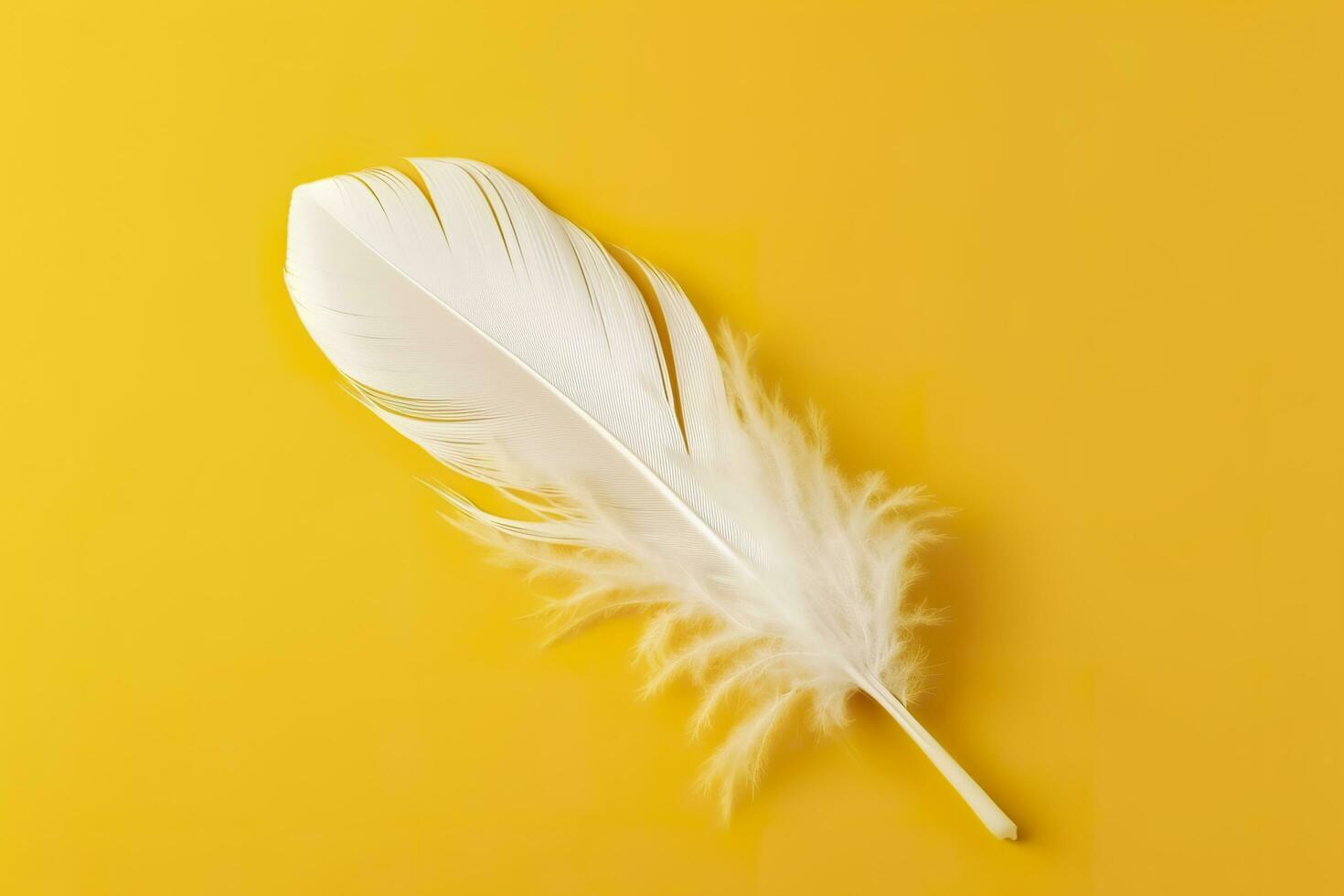 Close up of bright white feather. Copy space, yellow background. Fashion and Party concept. AI Generative photo