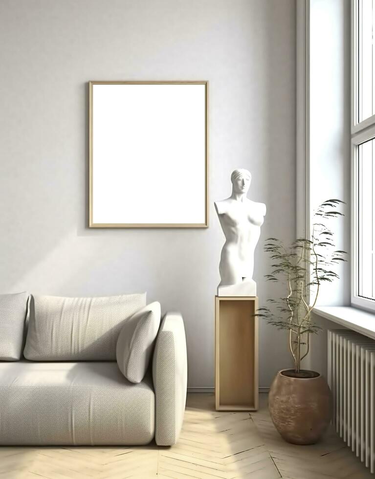 Bosquejo marco en contemporáneo escandinavo vivo habitación interior, 3d prestar. ai generativo foto