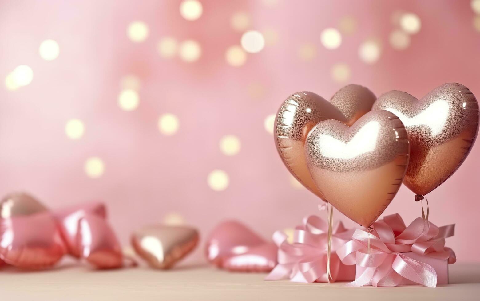 Happy Valentines Day banner. Pink and gold hearts foil balloons with gifts on pink bokeh. Valentine's Day background. Romantic banner Background, empty space for text,  AI Generative photo