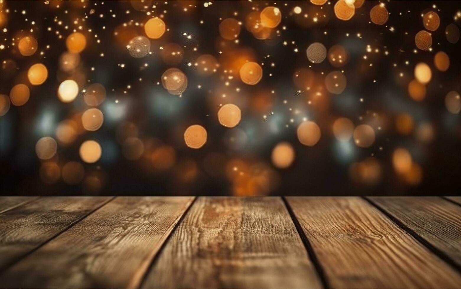 Christmas bokeh background, wooden background with bokeh, glitter stars, rustic wood, and Backdrop for product presentation. AI Generative photo