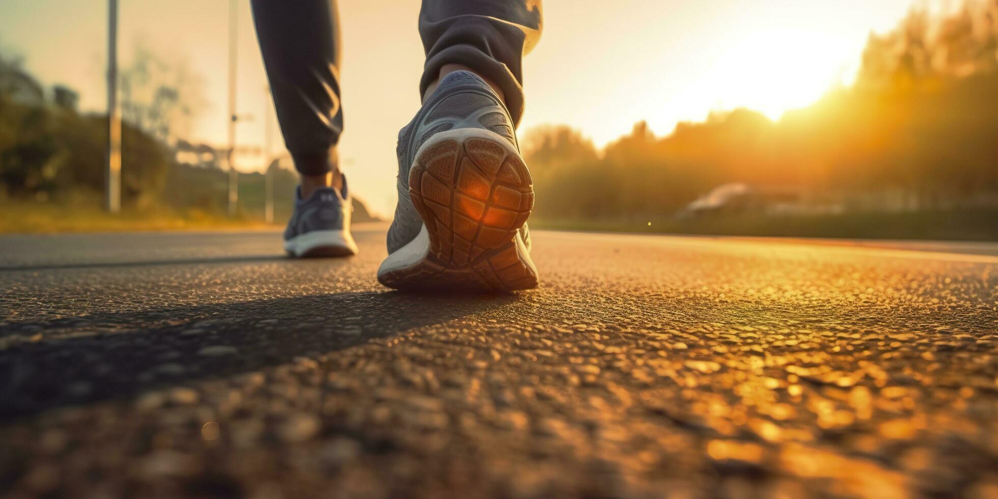 cerca arriba en el zapato, corredor atleta pies corriendo en el la carretera debajo luz de sol en el Mañana. ai generativo foto