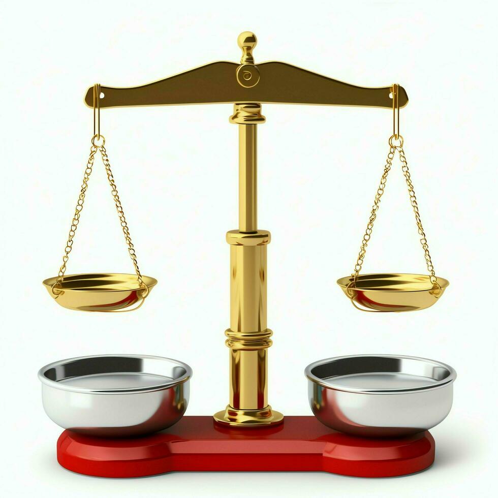 Clásico oro equilibrar escala medida o ley justicia símbolo. abogados día o mundo día de social justicia concepto por ai generado foto