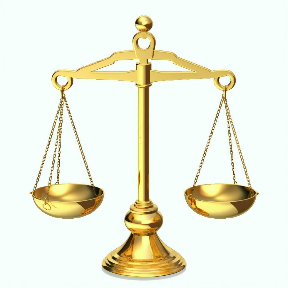 Clásico oro equilibrar escala medida o ley justicia símbolo. abogados día o mundo día de social justicia concepto por ai generado foto