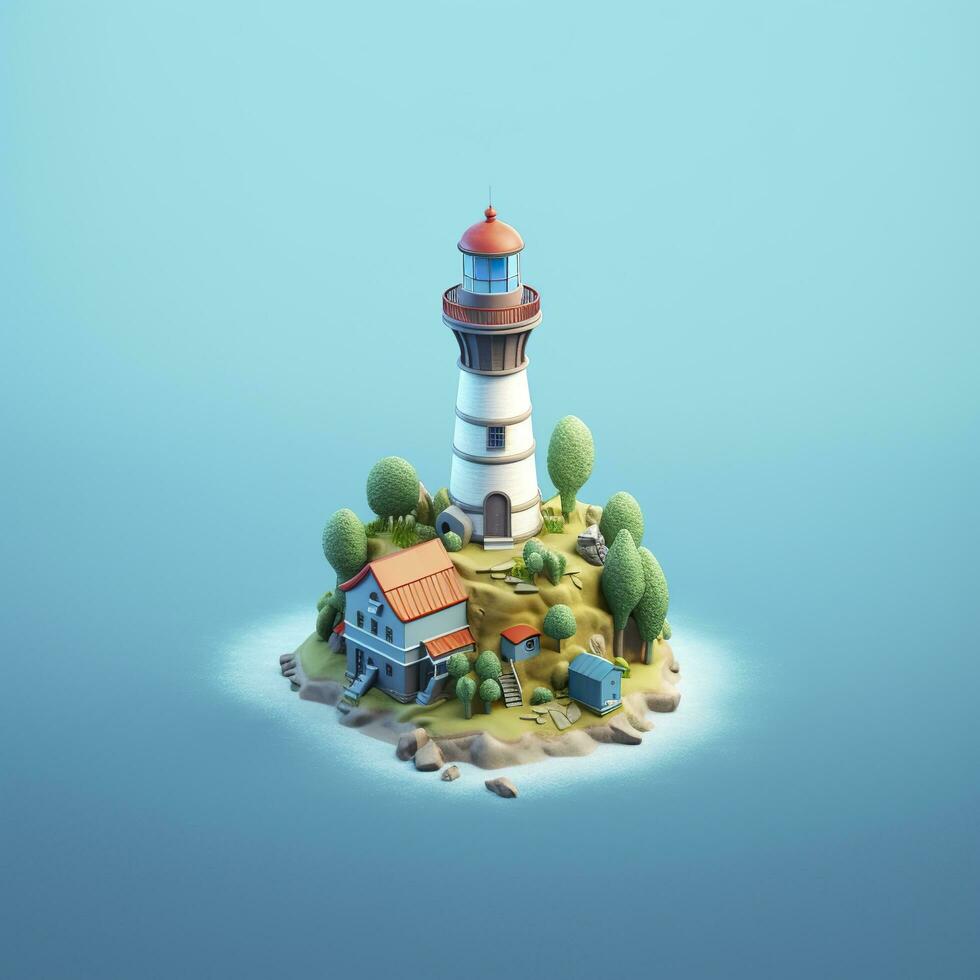 A Lighthouse on a Blue Sea with a Cute Cartoon Island. AI Generative photo