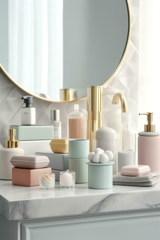 Pastel Skincare Products Arranged in a White Bathroom. Barbiecore Bright Palette Makeup Banner. AI Generative photo