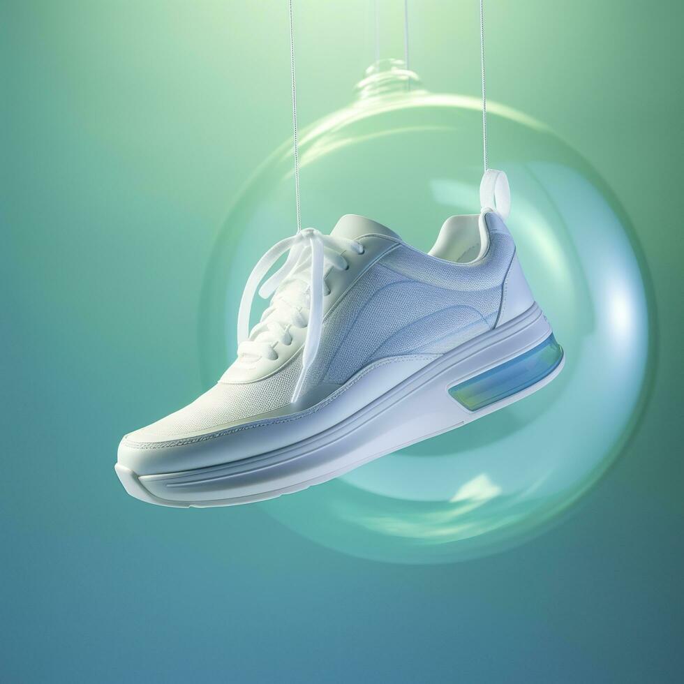 A white, blue, and green casual shoe is suspended in the air, in the style of hazy, dreamlike quality, AI Generative photo