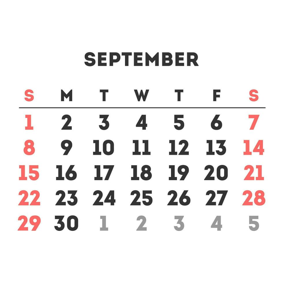 September 2024 month calendar. Vector illustration.