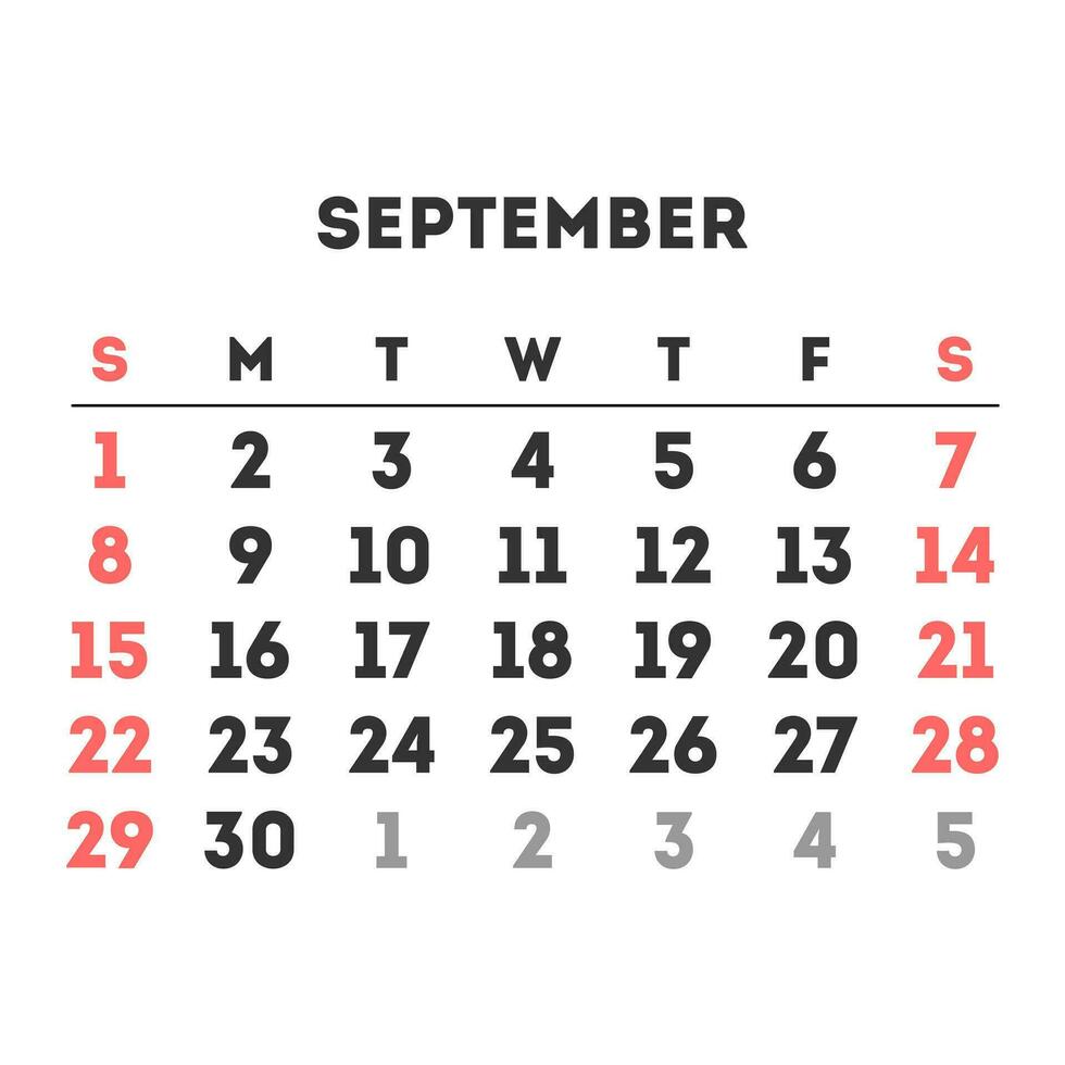 septiembre 2024 mes calendario. vector ilustración.