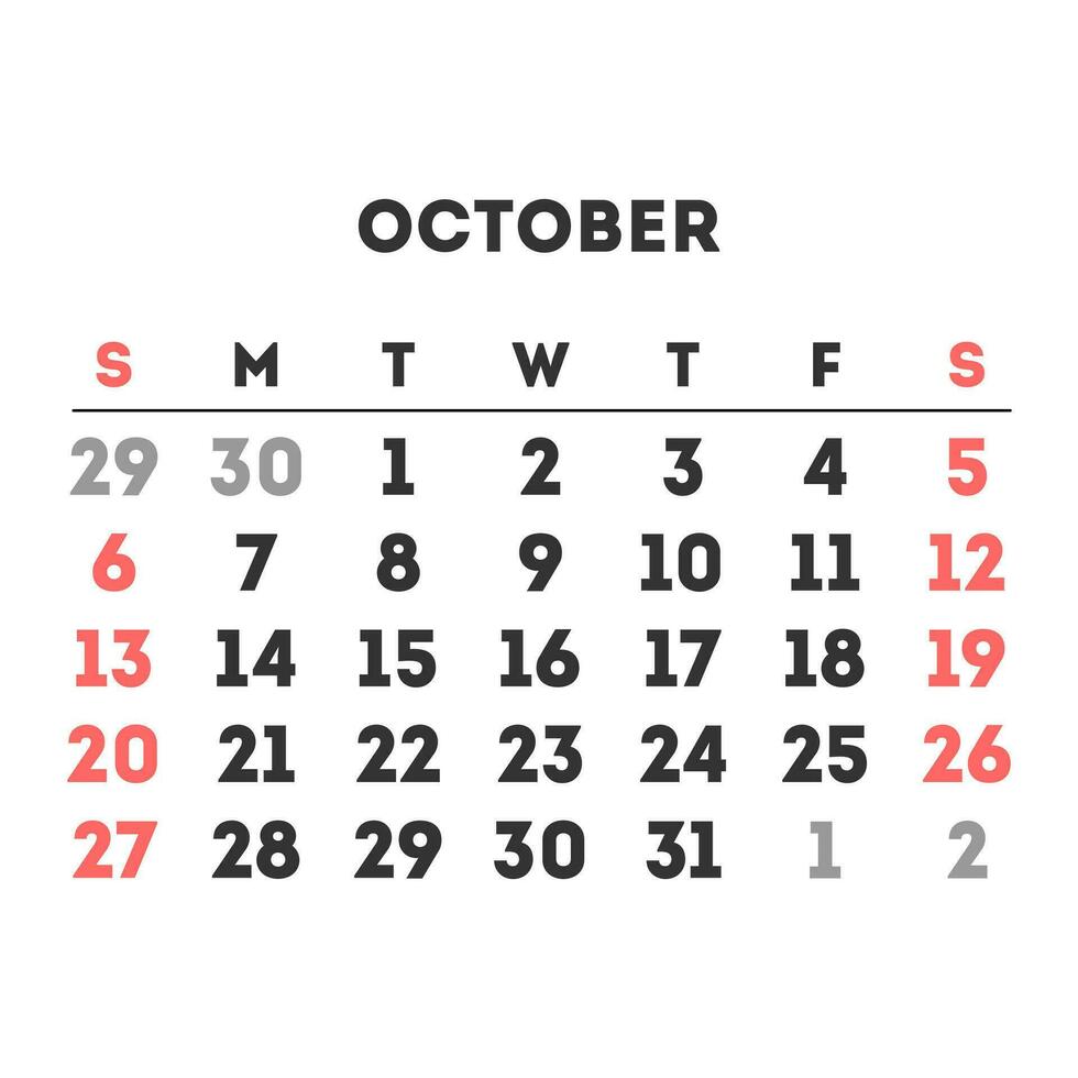 octubre 2024 mes calendario. vector ilustración.