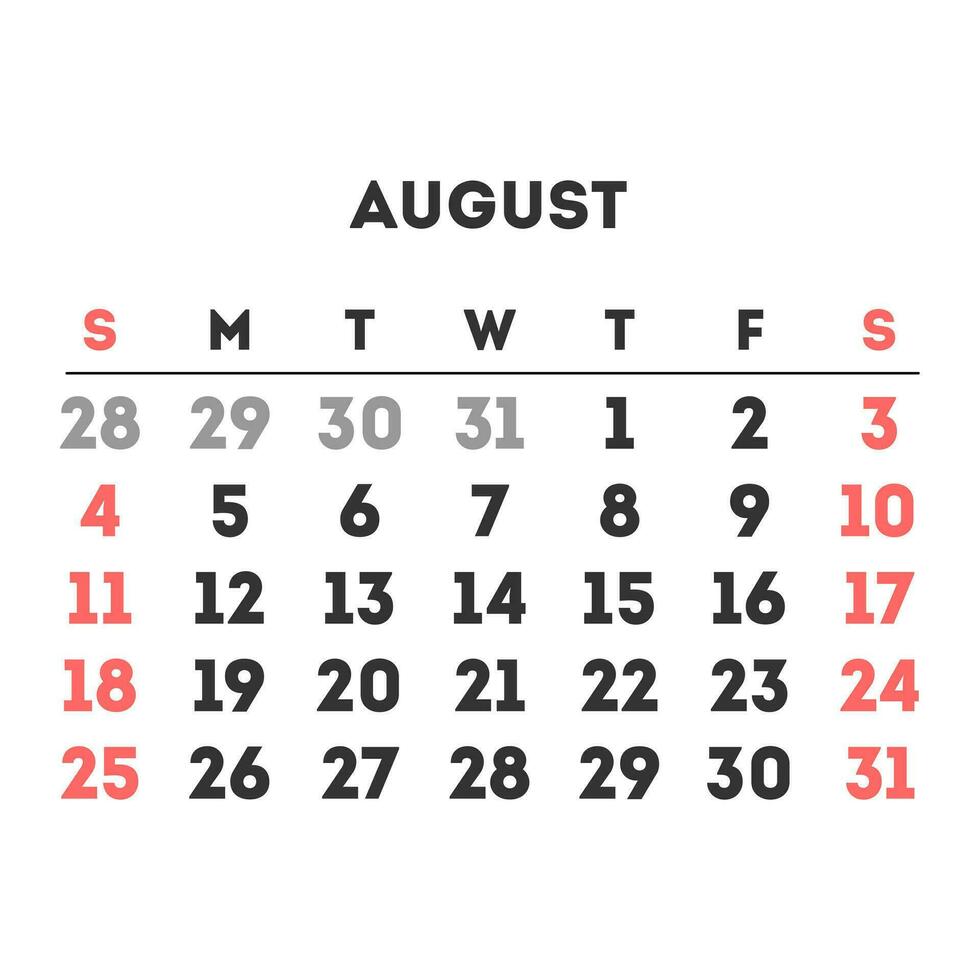 August 2024 month calendar. Vector illustration.