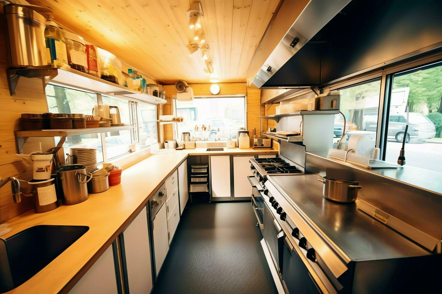 Inside clean kitchen of a modern restaurant or mini cafe with cooking utensils and small bar counter concept by AI Generated photo