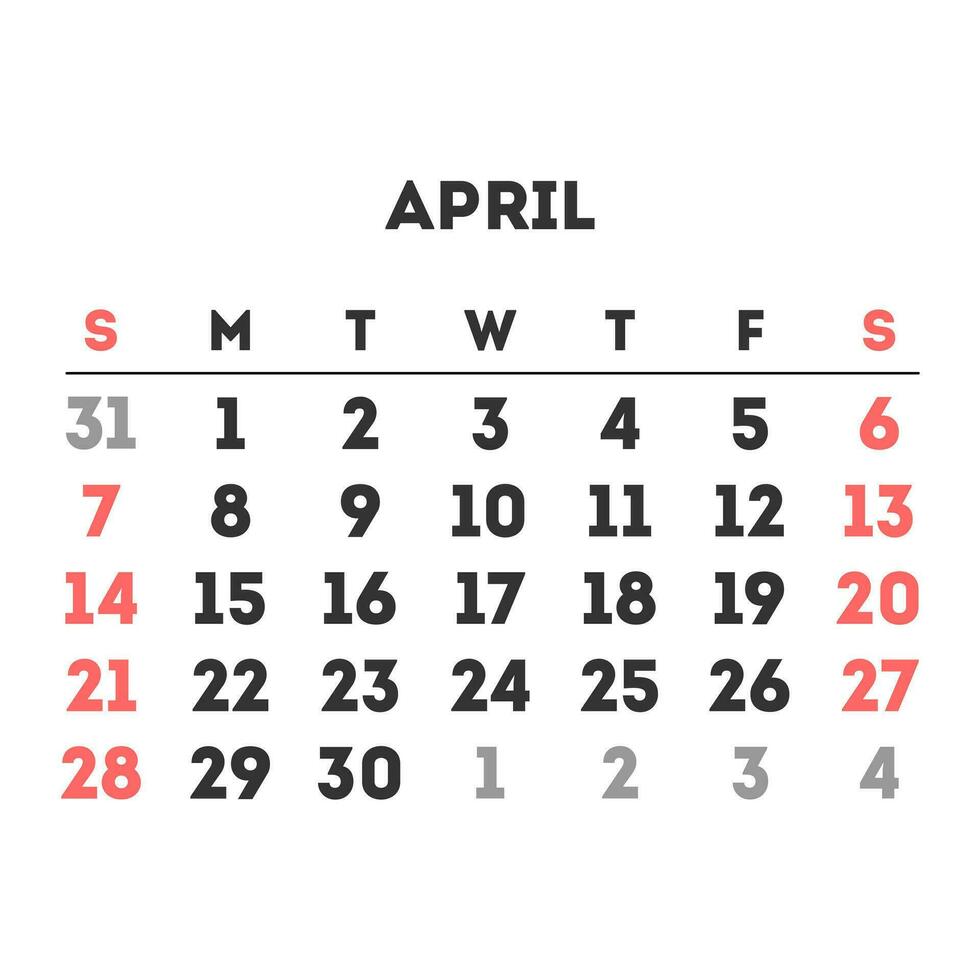 April 2024 month calendar. Vector illustration.